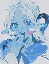 1girl blood blood_on_face blue_dress blue_skin colored_skin commentary cookie_run cookie_run:_kingdom dress english_commentary fang heterochromia karo-ta_(krt033) long_hair looking_at_viewer shadow_milk_cookie shadow_milk_cookie_(female) slit_pupils snake solo very_long_hair white_hair