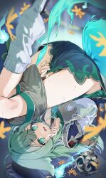 1girl @_@ absurdres animal_ears ass clothes_pull fox_ears fox_girl fox_tail green_eyes green_hair grey_hair hand_up highres honkai:_star_rail honkai_(series) huohuo_(honkai:_star_rail) itohana long_hair long_sleeves looking_at_viewer parted_lips shorts shorts_pull socks sweat tail tearing_up thighs upside-down white_socks