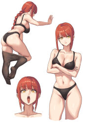 Rule 34 | 1girl, absurdres, ass, black bra, black panties, bra, braid, braided ponytail, breasts, chainsaw man, cleavage, clothes pull, collarbone, crossed arms, grey background, highres, ksksksa, long hair, makima (chainsaw man), medium breasts, multiple views, open mouth, panties, pantyhose, pantyhose pull, red hair, simple background, tongue, tongue out, underwear, underwear only, yellow eyes