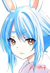 1girl animal_ear_fluff animal_ears blue_hair brown_eyes closed_mouth commentary_request don-chan_(usada_pekora) hair_between_eyes highres hololive kiritoma looking_at_viewer portrait rabbit-shaped_pupils rabbit_ears sidelocks signature simple_background solo symbol-shaped_pupils usada_pekora virtual_youtuber white_background