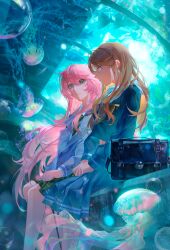 2girls absurdres aquarium bang_dream! bang_dream!_it&#039;s_mygo!!!!! blue_eyes blue_serafuku blue_shirt blue_skirt brown_hair cang_(akaga204) chihaya_anon chinese_commentary commentary_request cover cover_page green_necktie green_skirt grey_eyes grey_jacket hair_between_eyes haneoka_school_uniform highres jacket long_hair long_sleeves multiple_girls nagasaki_soyo necktie open_mouth pink_hair pleated_skirt school_uniform serafuku shirt sidelocks skirt textless_version tsukinomori_school_uniform watermark weibo_watermark