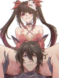 1boy 1girl bare_shoulders bell black_choker black_hair blue_eyes brown_hair character_request choker criss-cross_halter detached_sleeves dress flower_tattoo fox_mask gnarlypzofbread hair_between_eyes halterneck head_between_thighs heterochromia highres honkai:_star_rail honkai_(series) long_hair mark_under_both_eyes mask mask_on_head neck_bell o-ring pink_eyes red_dress red_sleeves smile sparkle_(honkai:_star_rail) tattoo thighs twintails yellow_eyes