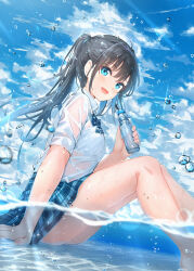 1girl arm_support bare_legs barefoot black_hair blue_eyes blue_skirt blue_sky blush bottle bra bra_visible_through_clothes breasts cloud cloudy_sky day hair_between_eyes highres holding holding_bottle long_hair looking_at_viewer na_kyo open_mouth original outdoors partially_submerged partially_underwater_shot plaid_clothes plaid_skirt ponytail ramune school_uniform see-through_clothes see-through_shirt shirt short_sleeves sitting skirt sky small_breasts smile solo underwear water water_drop wet wet_clothes wet_hair wet_shirt wet_skirt white_shirt
