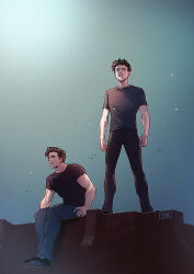 2boys age_difference batman_(series) black_footwear black_hair black_pants dc_comics denim dick_grayson full_body jason_todd jeans jjmk-jjmk male_focus multiple_boys muscular muscular_male pants shirt simple_background sitting standing t-shirt toned toned_male