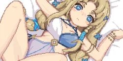 bad_source bed bikini blonde_hair blony_(mabinogi) blush eung-eung long_hair looking_at_viewer lowres lying mabinogi multicolored_bikini swimsuit two-tone_bikini