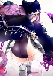 Rule 34 | 1girl, armor, ass, black cape, black capelet, black leotard, boots, braid, cape, capelet, chain, fate/grand order, fate (series), female focus, from behind, hood, leg up, leotard, long hair, medusa (fate), medusa (lancer) (fate), medusa (rider) (fate), ponytail, purple eyes, purple hair, rider, running, satouto, scythe, silver boots, single braid, solo, thigh gap, thighhighs, very long hair, weapon, white thighhighs, wind, wind lift