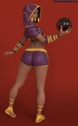 1girl 3d absurdres ass back butt_crack crystal_ball curvy dark-skinned_female dark_skin female_focus green_eyes highres hip_focus hood hoodie huge_ass legs menat purple_hair red_background sandals simple_background smile solo street_fighter street_fighter_v the_majestic thick_thighs thighs wide_hips