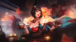 1girl after_hours_spirit_blossom_springs_ahri ahri_(league_of_legends) animal_ear_fluff animal_ears architecture bare_shoulders barefoot bell black_hair blue_kimono breasts candle cleavage closed_eyes closed_mouth commentary cup dango detached_sleeves east_asian_architecture english_commentary facial_mark feet fish food fox_ears fox_girl fruit gold_eyeshadow highres holding holding_cup japanese_clothes kimono kitsune league_of_legends lying multicolored_hair multiple_tails official_alternate_costume official_alternate_hairstyle official_art red_nails red_streaks rope shimenawa short_hair solo strawberry streaked_hair tail tea terrycantal wagashi whisker_markings