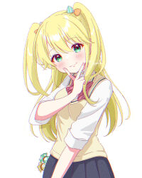 1girl black_skirt blonde_hair blush bow fujisawa_yuzu hair_between_eyes hair_ornament heart highres long_hair looking_at_viewer ongeki sakuranoron school_uniform simple_background skirt smile solo sweater_vest two_side_up white_background