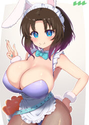 1girl animal_ears apron aqua_bow aqua_bowtie aqua_nails black_pantyhose blue_eyes bow bowtie breasts brown_hair carrot cleavage cowboy_shot crossed_fingers crumbs detached_collar dot_nose elma_(maidragon) fake_animal_ears gradient_hair highres kobayashi-san_chi_no_maidragon large_breasts leotard maid_apron maid_headdress multicolored_hair pantyhose parted_bangs playboy_bunny purple_eyes purple_leotard rabbit_ears reiwa_rerere scrunchie short_hair smile solo wrist_scrunchie