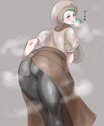 1girl apron ascot ass black_pantyhose breasts brown_apron brown_ascot brown_eyes brown_skirt buttons curvy female_focus green_hair hat heart highres huge_ass katy_(pokemon) large_breasts nintendo pantyhose pokemon pokemon_sv puffy_sleeves short_sleeves skirt solo thick_thighs thighs uya_(yurukah) waist_apron