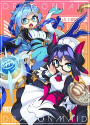 2girls :o adjusting_eyewear apron black_gloves black_hair blue_eyes blue_hair braid bread breasts character_request dragon_girl dragon_horns dragon_tail dragon_wings duel_monster earrings food glasses gloves green_eyes highres holding holding_tray horns house_dragonmaid jewelry long_hair looking_at_viewer maid maid_apron maid_headdress medium_breasts multiple_girls open_mouth rotix smile tail thighhighs tray wings yu-gi-oh!