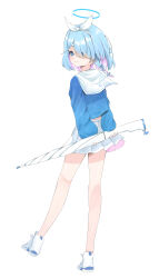 1girl 966_kururu_966 absurdres arms_behind_back arona_(blue_archive) blue_archive blue_eyes blue_hair blue_shirt braid closed_mouth collar colored_inner_hair from_behind full_body hair_over_one_eye hairband highres holding holding_umbrella multicolored_hair pink_hair pleated_skirt shirt shoes short_hair sidelocks simple_background single_braid skirt smile solo standing standing_on_one_leg two-tone_hair umbrella white_background white_collar white_hairband white_shoes white_skirt white_umbrella