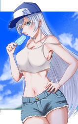 1girl absurdres baseball_cap blue_eyes blue_hat blue_sky breasts camisole cleavage cloud crop_top cutoffs day denim denim_shorts food hat highres holding holding_food holding_popsicle kumanosigenium1 letterboxed long_hair medium_breasts midriff navel outdoors parted_lips popsicle rwby scar scar_across_eye scar_on_face short_shorts shorts sky solo stomach sweat very_long_hair weiss_schnee white_camisole white_hair