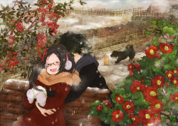 Rule 34 | 10s, 1boy, 1girl, ^ ^, ^o^, bench, brown hair, rabbit, camellia, coat, cocohore, couple, dog, earmuffs, closed eyes, fence, flower, glasses, hetero, hug, hug from behind, kaburagi t. kotetsu, kaburagi tomoe, long hair, mittens, scarf, snow rabbit, snowing, tiger &amp; bunny, winter clothes