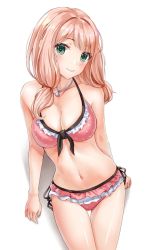 Rule 34 | 10s, 1girl, bad id, bad pixiv id, bang dream!, bare arms, bare shoulders, bikini, blush, breasts, cleavage, closed mouth, collarbone, commentary request, female focus, frilled bikini, frills, green eyes, head tilt, highres, large breasts, long hair, low twintails, lunacle, navel, pink bikini, pink hair, polka dot, polka dot bikini, shadow, smile, solo, standing, swimsuit, twintails, uehara himari, white background
