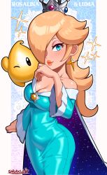 Rule 34 | 1girl, absurdres, alternate breast size, blonde hair, blue eyes, blush, breasts, brooch, cape, cleavage, closed mouth, crown, dress, earrings, galaxy, hair over one eye, highres, jewelry, large breasts, long hair, long sleeves, looking at viewer, luma (mario), mario (series), mini crown, nintendo, off-shoulder dress, off shoulder, one eye closed, rosalina, sarukaiwolf, silver crown, smile, solo, star (symbol), star brooch, star earrings, super mario galaxy