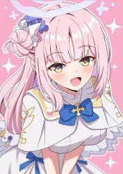 1girl absurdres blue_archive blue_bow blue_bowtie blush bow bowtie breasts capelet commentary_request dress feathered_wings hair_bun halo highres hosinonana large_breasts long_hair looking_at_viewer mika_(blue_archive) outline pink_background pink_hair single_side_bun smile solo sparkle v_arms very_long_hair white_capelet white_dress white_outline white_wings wings yellow_eyes