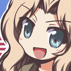 Rule 34 | 1girl, :d, american flag, american flag background, blonde hair, blue eyes, blush, brown jacket, chibi, deformed, fictional sister, flag background, girls und panzer, hair intakes, jacket, kay (girls und panzer), long hair, long sleeves, looking at viewer, military, military uniform, no nose, open clothes, open jacket, open mouth, saunders military uniform, shirt, smile, solo, upper body