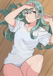 1girl aqua_hair commentary_request cowboy_shot fuminomino green_eyes hair_ornament hairclip highres kantai_collection long_hair looking_at_viewer panties shirt solo suzuya_(kancolle) t-shirt underwear white_shirt wooden_floor
