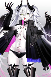 1girl absurdres black_cloak black_hands black_panties black_thighhighs body_markings breasts choker cloak collarbone colored_extremities crossed_bangs demon_girl demon_horns demon_wings ear_piercing fate/grand_order fate_(series) green_eyes grey_hair hair_between_eyes highres horns lilith_(fate) long_hair looking_at_viewer medium_breasts navel off_shoulder open_mouth panties piercing pointy_ears sakuma_kou solo stomach_tattoo tattoo thighhighs thighs tongue tongue_out twintails underwear very_long_hair wings