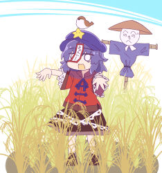 Rule 34 | 1girl, animal, animal on head, bird, bird on head, black shoes, black skirt, chinese clothes, commentary request, eurasian tree sparrow, expressive clothes, full body, grass, hat, hat ornament, henohenomoheji, highres, jiangshi, lace-trimmed sleeves, lace trim, looking at viewer, miyako yoshika, neck ribbon, newsboy cap, o o, ofuda, on head, open mouth, outstretched arms, purple hair, purple hat, purple ribbon, red shirt, ribbon, rice paddy, ryuu (multitask), scarecrow, shirt, shoes, short sleeves, skirt, solo, sparrow, standing, star (symbol), star hat ornament, tangzhuang, touhou, translation request, zombie pose