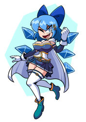 Rule 34 | 1girl, aqua shoes, blue bow, blue eyes, blue hair, blue sky, bow, breasts, cape, cirno, cleavage, commentary, commission, cosplay, detached wings, english commentary, fang, fortissimo, full body, hair bow, hair ornament, highres, ice, ice wings, kevin arthur, large breasts, mahou shoujo madoka magica, miki sayaka, miki sayaka (cosplay), miniskirt, musical note, musical note hair ornament, one eye closed, pleated skirt, shoes, short hair, skirt, sky, smile, solo, thighhighs, touhou, white cape, white thighhighs, wings