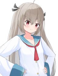&gt;:) 1girl ahoge ascot atri atri-my_dear_moments- black_ribbon blue_sailor_collar blush closed_mouth commentary doyagao dress eyes_visible_through_hair hair_between_eyes hair_ribbon hands_on_own_hips highres light_brown_hair long_hair long_sleeves looking_at_viewer red_ascot red_eyes ribbon sailor_collar sailor_dress simple_background smile smug solo split_mouth straight_hair tausukee two_side_up upper_body v-shaped_eyebrows very_long_hair white_background white_dress wide_sleeves