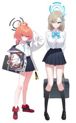 2girls absurdres ahoge alternate_hairstyle asuna_(blue_archive) bag black_skirt blue_archive blue_eyes blush bow bowtie breasts brown_hair ecila_(cookie0q0) hair_between_eyes hair_over_one_eye hair_ribbon halo highres huge_ahoge jacket large_breasts looking_at_viewer low_twintails mole mole_under_eye multiple_girls multiple_moles neru_(blue_archive) orange_hair pleated_skirt print_jacket red_eyes ribbon school_bag school_uniform shirt short_hair skirt thighs twintails undone_bowtie white_shirt