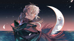 1boy absurdres anyeyisheng41 black_sky brown_cloak cloak closed_eyes crescent_moon d.gray-man dusk ear_piercing earrings facing_viewer falling_petals floating_cape floating_hair glasses gradient_sky hair_between_eyes highres hood hood_down hooded_cloak hoop_earrings jewelry light_smile long_hair looking_back low_ponytail male_focus mature_male moon night night_sky ocean past_lavi_(d.gray-man) petals piercing pink_sky ponytail purple_shirt round_eyewear shirt sidelocks sky solo star_(sky) starry_sky striped_clothes striped_shirt turtleneck turtleneck_shirt white_hair white_petals