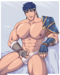 1boy :q abs armor bara blue_eyes briefs bulge commentary english_commentary fire_emblem fire_emblem:_radiant_dawn headband highres ignoet ike_(fire_emblem) large_pectorals male_focus male_underwear muscular muscular_male navel nintendo nipples paid_reward_available pauldrons pectorals short_hair shoulder_armor single_pauldron sitting solo thighs tongue tongue_out twitter_username underwear variant_set white_male_underwear