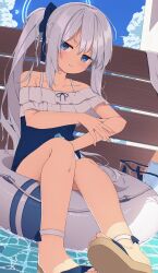 Rule 34 | 1girl, bare shoulders, blue archive, blue bow, blue eyes, blue halo, blue one-piece swimsuit, bow, frilled one-piece swimsuit, frills, hair between eyes, hair bow, halo, hasu202mm, highres, long hair, looking at viewer, miyako (blue archive), miyako (swimsuit) (blue archive), off-shoulder one-piece swimsuit, off shoulder, official alternate costume, official alternate hairstyle, one-piece swimsuit, ponytail, sandals, sidelocks, soles, solo, swim ring, swimsuit, white hair