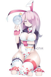1girl alternate_breast_size animal_ears arm_support black_robe bottle breasts cleavage clothes_lift commentary curvy english_commentary english_text fake_animal_ears formal_clothes full_body glass_bottle hair_over_one_eye half-closed_eyes holding holding_bottle hot_vr kneeling large_breasts leotard little_witch_academia long_bangs long_hair mushroom one_eye_covered pink_hair pixiv_username playboy_bunny rabbit_ears red_eyes robe sharp_teeth simple_background skin_tight smile solo sucy_manbavaran suit teeth thick_thighs thigh_strap thighs vial white_background white_suit wide_hips wrist_cuffs