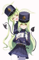 2girls absurdres armband behind_another black_jacket black_skirt blue_archive blue_armband blush buttons cheek_pinching demon_tail double-breasted fang gloves green_hair green_halo halo hat highres hikari_(blue_archive) jacket long_hair looking_at_viewer meplon miniskirt multiple_girls nozomi_(blue_archive) open_mouth pantyhose peaked_cap pinching pleated_skirt pointy_ears siblings sidelocks simple_background sisters skin_fang skirt smile tail twins twintails white_background white_gloves white_pantyhose yellow_eyes