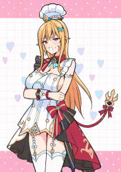 1girl :o alternate_costume bare_shoulders blonde_hair blush bow bowtie breasts chef_hat cleavage full_body half-closed_eyes hat high_heels highres large_breasts long_hair nakiri_erina red_bow red_bowtie shokugeki_no_souma simple_background solo standing thighhighs toy-black white_background white_hat white_thighhighs