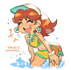 1girl artist_name brown_hair character_name closed_eyes commentary_request crop_top earrings flower_earrings hat highres jewelry long_hair mario_(series) mario_kart mario_kart_world midriff nintendo open_mouth ponytail princess_daisy princess_daisy_(swimwear)_(mario_kart_world) rariatto_(ganguri) shorts simple_background smile water wet white_background white_hat