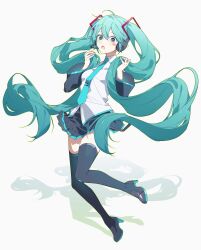 Rule 34 | 1girl, :o, absurdres, ahoge, aqua eyes, aqua hair, aqua nails, aqua necktie, aqua trim, black boots, black skirt, black sleeves, blush, boots, breasts, collared shirt, detached sleeves, drop shadow, full body, hair between eyes, hair ornament, hashtag-only commentary, hatsune miku, headset, highres, holding, holding own hair, long hair, long sleeves, looking at viewer, microphone, mikan (migwang), miniskirt, nail polish, necktie, open mouth, pleated skirt, shirt, sidelocks, simple background, skirt, sleeveless, sleeveless shirt, small breasts, solo, standing, thigh boots, thighhighs, tie clip, twintails, untucked shirt, very long hair, vocaloid, white background, white shirt, wide sleeves, zettai ryouiki