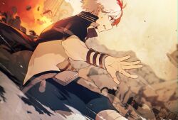 1boy belt belt_pouch blue_pants boku_no_hero_academia brown_eyes clenched_teeth collared_shirt commentary_request debris fire from_side long_sleeves looking_ahead male_focus multicolored_hair outstretched_arm pants popped_collar pouch profile red_hair rubble ryo_(piggerworld) shirt smoke solo split-color_hair superhero_costume teeth todoroki_shoto white_hair