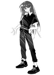 Rule 34 | 1girl, absurdres, bang dream!, bang dream! it&#039;s mygo!!!!!, greyscale, hair between eyes, hand on own hip, hibioes, highres, long hair, long hand, mole, mole under eye, monochrome, one eye closed, pants, shiina taki, shirt, shoes, short sleeves, solo