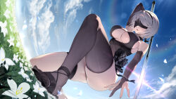 Rule 34 | 1girl, 2b (nier:automata), 2b (yorha unofficial waterfront gear) (nikke), absurdres, arm up, bare shoulders, black bridal gauntlets, black dress, black flower, black panties, black rose, black thighhighs, blindfold, blue sky, breasts, bridal gauntlets, cleavage, cloud, cloudy sky, commentary request, day, dress, dress flower, flower, goddess of victory: nikke, grey hair, highres, holding, holding sword, holding weapon, kanon (sinto), large breasts, mole, mole under mouth, nier:automata, nier (series), official alternate costume, on one knee, open mouth, outdoors, panties, rose, single thighhigh, skindentation, sky, sword, thigh strap, thighhighs, thighs, underwear, weapon