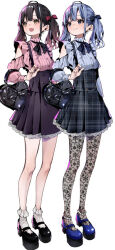 1girl bag black_hair blue_eyes blue_hair blush bobby_socks enomoto_nao frilled_shirt frills full_body heart-shaped_bag high-waist_skirt jirai_kei lace_pantyhose long_hair multiple_views open_mouth original shirt simple_background skirt smile socks twintails