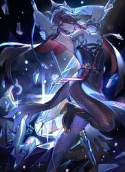 1girl armpits black_shoes breasts brown_pantyhose detached_sleeves genshin_impact highres large_breasts pantyhose parted_lips red_hair rosaria_(genshin_impact) shoes solo standing standing_on_one_leg tsugutoku