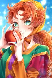 1girl aegyo_sal apple blue_sky bonnet colored_eyelashes commentary_request curly_hair dragon_quest dragon_quest_vii food fruit green_eyes grin highres holding holding_food holding_fruit jewelry long_hair looking_at_viewer maribel_(dq7) orange_hair ramino444 ring sky smile solo upper_body yellow_bonnet