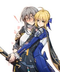 ! 2girls absurdres ahoge artoria_pendragon_(fate) baseball_bat black_gloves black_jacket blonde_hair blue_dress blue_ribbon braid commentary dress english_commentary expressionless fate/stay_night fate/unlimited_blade_works fate_(series) fingernails gloves green_eyes grey_hair hair_ribbon highres holding holding_baseball_bat honkai:_star_rail honkai_(series) hood hood_down jacket long_hair multiple_girls official_alternate_costume open_clothes open_jacket real_sixer121 ribbon saber_(fate) saber_(honkai:_star_rail)_(fate) short_hair simple_background stelle_(honkai:_star_rail) sweatdrop trailblazer_(honkai:_star_rail) white_background yuri