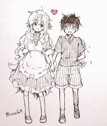 1boy 1girl :o apron awkward black_hair blush collared_dress collared_shirt dress flower frilled_apron frilled_dress frills hair_ribbon heart hiding holding_hands jewelry kagerou_project key kozakura_marry long_hair looking_at_another looking_to_the_side mary_janes mekakucity_actors monochrome necklace open_mouth pants partially_colored pink_heart ribbon sa-fu_(sfmk39) seto_kousuke shirt shoes short_hair shorts shy sketch sleeve_cuffs three-quarter_sleeves smile socks striped_clothes striped_pants striped_shirt traditional_media twitter_username vertical-striped_clothes vertical-striped_pants vertical-striped_shirt very_long_hair white_socks