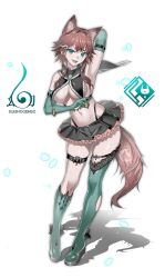 1girl animal_ears aqua_eyes arm_behind_head arm_up armpits asymmetrical_footwear bare_shoulders black_skirt boots breast_curtains breasts brown_hair cleavage dog_ears dog_girl dog_tail elbow_gloves frilled_skirt frills full_body gloves green_boots green_gloves highres indie_virtual_youtuber knee_boots komagami_fuuro large_breasts long_hair looking_at_viewer miniskirt navel open_mouth panty_straps pleated_skirt second-party_source simple_background single_knee_boot single_thigh_boot skirt smile solo standing stomach suishougensou tail thigh_boots thigh_strap v-shaped_eyebrows virtual_youtuber white_background