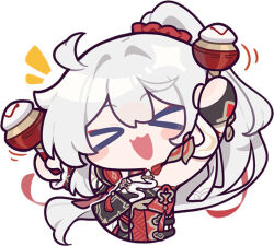 &gt;_&lt; 1girl :3 :d ahoge bare_shoulders chibi closed_eyes fingerless_gloves gloves hair_between_eyes honkai_(series) honkai_impact_3rd instrument kiana_kaslana kiana_kaslana_(ba-dum!_fiery_wishing_star) maracas official_art open_mouth ponytail smile white_hair