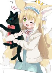 1girl absurdres animal_ears arknights blonde_hair blue_hairband blue_skirt cardigan cat chefcooo_jk commentary_request fox_ears fox_girl fox_tail frilled_hairband frills green_eyes grey_cardigan hairband heart highres kitsune kyuubi long_sleeves miss_christine_(arknights) multiple_tails neck_ribbon nekomata official_alternate_costume one_eye_closed open_mouth red_ribbon ribbon shirt skirt suzuran_(arknights) suzuran_(spring_praise)_(arknights) tail two_tails white_shirt