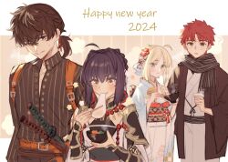 1other ? ahoge androgynous arm_armor armor artoria_pendragon_(fate) belt belt_buckle blonde_hair bowl braid braided_bun buckle cup earrings eating emiya_shirou fate/samurai_remnant fate/stay_night fate_(series) floral_print flower food green_eyes hair_bun hair_flower hair_intakes hair_ornament haori happy_new_year highres holding holding_bowl holding_cup japanese_clothes jewelry kanzashi katana kimono low_ponytail miyamoto_iori_(fate) miyamoto_iori_(phantasmal_dress)_(fate) mochi mochi_trail necklace new_year obi obiage obidome obijime official_alternate_costume pinstripe_pattern pinstripe_shirt ponytail print_kimono printemps saber_(fate) sash scarf sheath shirt short_ponytail shoulder_armor sidelocks single_hair_bun striped_clothes striped_scarf striped_shirt sword tsumami_kanzashi vertical-striped_clothes vertical-striped_shirt weapon white_kimono yamato_takeru_(fate) yamato_takeru_(phantasmal_dress)_(fate) yellow_eyes zouni_soup