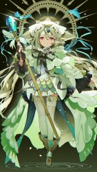 Rule 34 | 1girl, animal ears, bird, black ribbon, blonde hair, blue bird, blue dress, blue ribbon, boots, brown boots, chin strap, closed mouth, coat, commentary request, commission, dress, dress ribbon, fox ears, fox girl, fox tail, full body, green coat, hair ornament, hair ribbon, hat, highres, hiiragi akio, holding, holding staff, long hair, long sleeves, looking at viewer, low twintails, open clothes, open coat, original, pom pom (clothes), pom pom hair ornament, red eyes, ribbon, sakurada shiro (hy plus), skeb commission, smile, solo, staff, standing, tail, thighhighs, twintails, very long hair, white hat, white thighhighs, wide sleeves